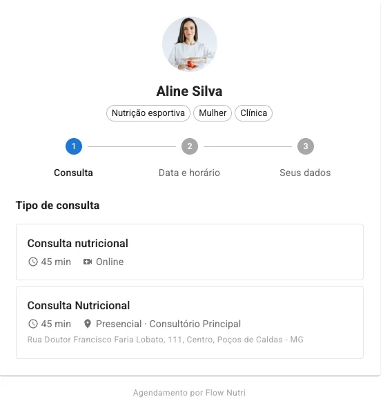 Agenda online do Flow Nutri com os tipos de consulta de um nutricionista