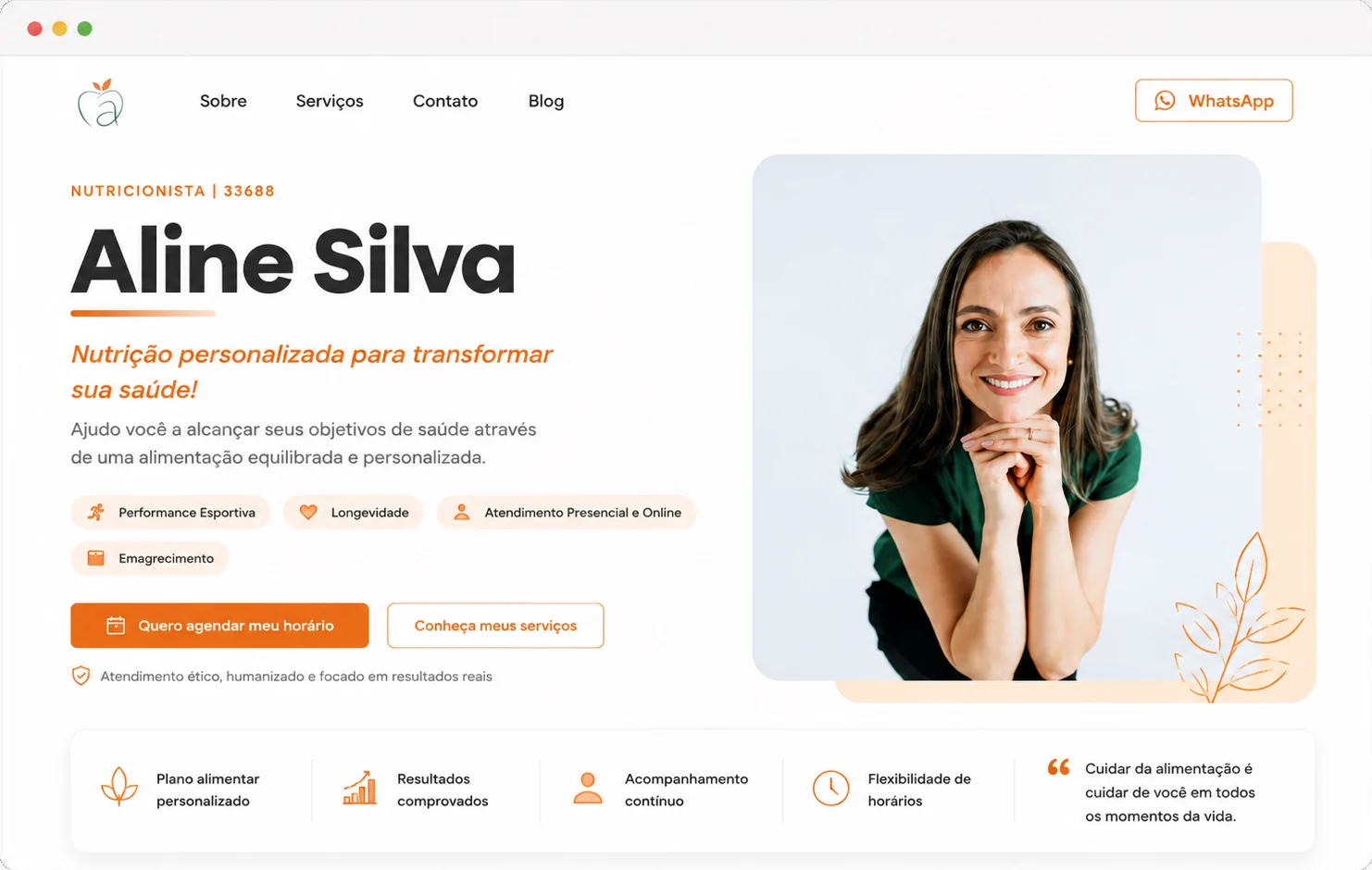 Página inicial de um site profissional criado no Flow Nutri
