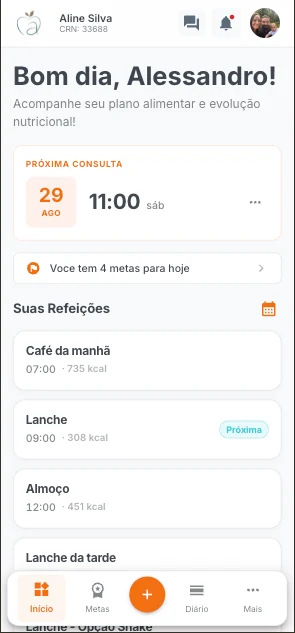 Tela inicial do app do paciente com refeições, metas e próxima consulta