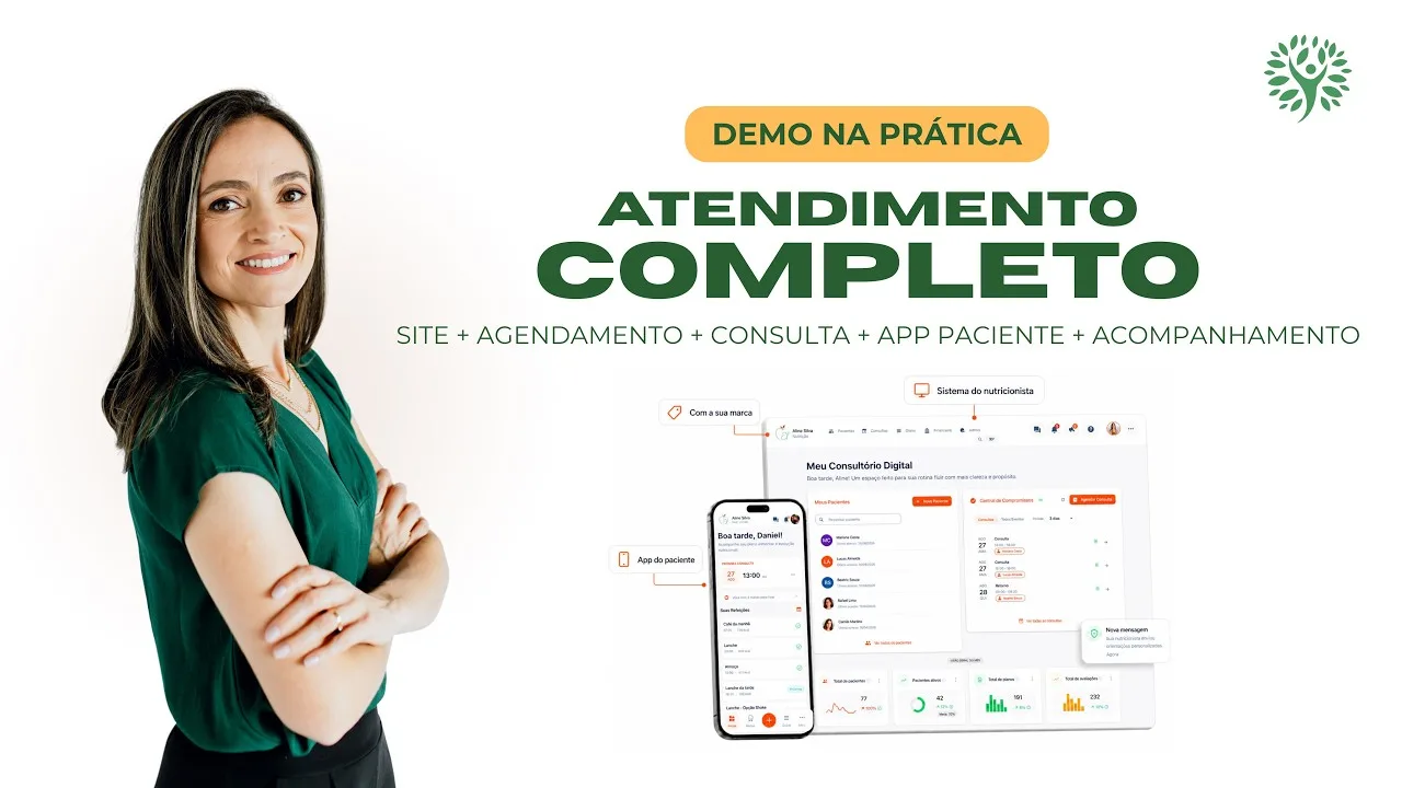 Demonstração de um atendimento completo no Flow Nutri, do site ao app do paciente